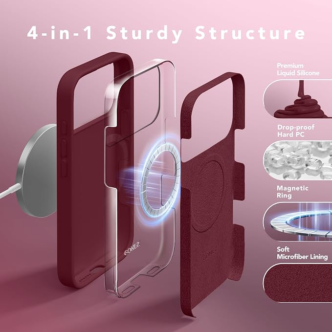 GONEZ Magnetic for iPhone 17 Pro Max Case, Compatible with MagSafe, [Screen Protector + Camera Lens Protector], Liquid Silicone Anti-Scratch Shockproof Protective Phone Case 6.9 inch, Maroon