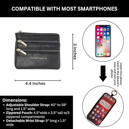 Save the Girls Clip and Go Phone Strap Solid (Brown - Brown Pouch) - Crossbody Phone Strap Chain with Zipper Wallet Pouch – Phone Lanyard with Zippered Pouch