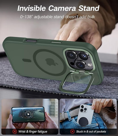 [Upgraded] for iPhone 16 Pro Case with Camera Cover Stand [Fit for MagSafe][9H Camera Lens Protector] Mil-Grade Protection Translucent Matte Magnetic iPhone 16 Pro Phone Case, Green