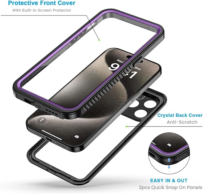 Lanhiem for iPhone 15 Pro Max Case, IP68 Waterproof Dustproof Shockproof Cases with Built-in Screen Protector, 360 Full Body Heavy Duty Rugged Phone Cover for iPhone 15 Pro Max - 6.7 inch (Purple)