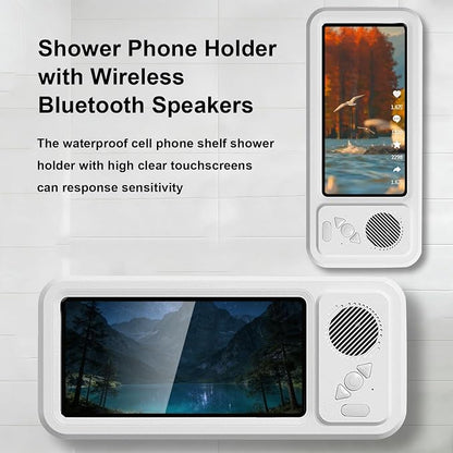 Wall Mount Shower Phone Holder Waterproof,Bathroom Accessories,Waterproof Phone Case,Shower Phones Holder With Speaker,360° Rotation,Suction Cup Bathroom Case Mount Shelf (White)