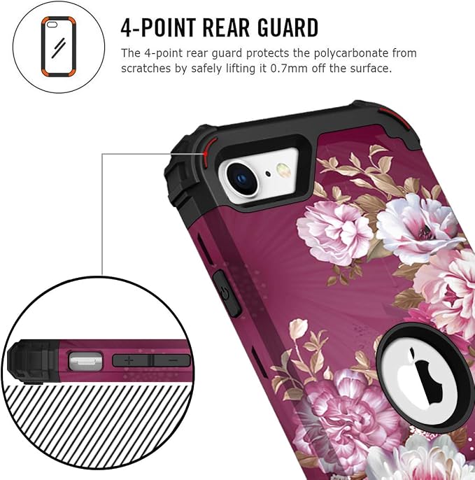 Hocase for iPhone SE 2022/2020 Case, Heavy Duty Shockproof Protection Hard Plastic+Silicone Rubber Hybrid Protective Case for iPhone SE 3rd/2nd Generation (4.7") - Royal Purple Flowers