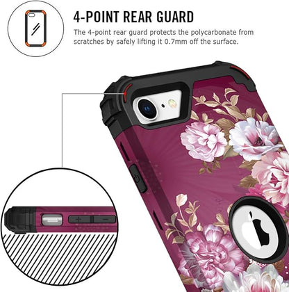Hocase for iPhone SE 2022/2020 Case, Heavy Duty Shockproof Protection Hard Plastic+Silicone Rubber Hybrid Protective Case for iPhone SE 3rd/2nd Generation (4.7") - Royal Purple Flowers