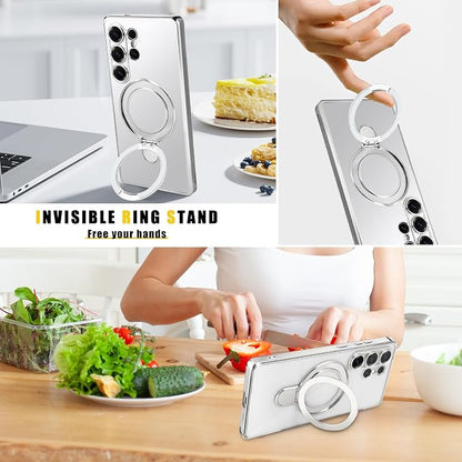 Magnetic for Samsung Galaxy S24 Ultra Case Stand & Ring Holder Compatible with MagSafe Built-in Camera Lens Protector Phone Case for Samsung S24 Ultra - Silver