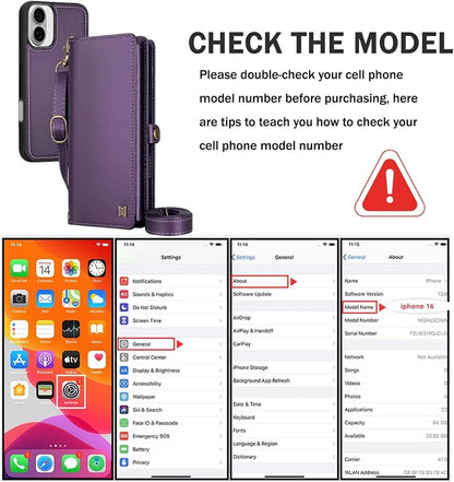 for Wallet Case Compatible with iPhone 16,Multi-Function Detachable 2 in 1 Magnetic iPhone 16 Case Wallet,Flip Strap Zipper Card Holder Phone Case with Shoulder Straps (Pruple)