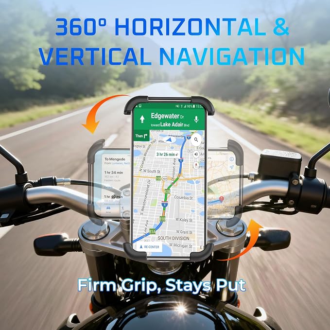 Bike Speaker with Phone Holder, Bluetooth Motorcycle Speakers with Phone Mount, Handlebar Cell Phone Clamp for iPhone 16 15 14 13 12 Pro Max Plus,4.7 to 6.8" Phones, for Scooter, Motorcycle