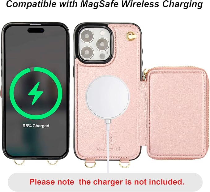 Bocasal for MagSafe Crossbody Wallet Case Compatible with iPhone 15 Pro Max, RFID Blocking Protective Purse Case with Card Slots Holder Kickstand Wrist Strap Lanyard Zipper 6.7 Inch 5G (Rose Gold)