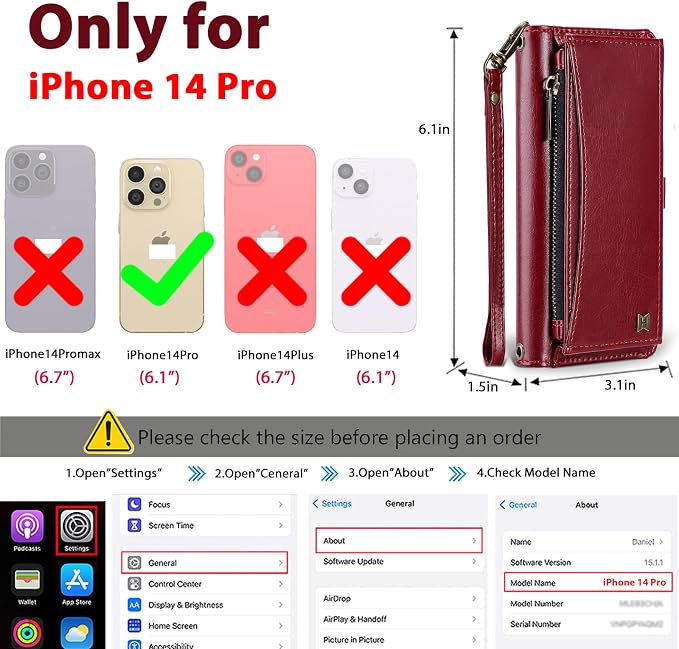 Wallet Case for iPhone 14 Pro with Card Holder/Crossbody Wallet/Strap| RFID Blocking | Magnetic | Kickstand | Detachable | PU Leather Phone Case for iPhone 14 Pro,6.1 in,Wine Red