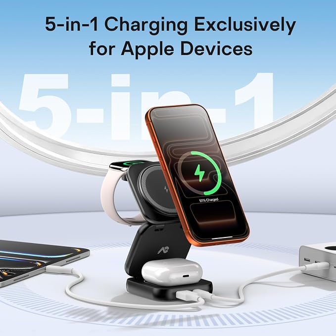 5-in-1 Wireless Charger for MagSafe, AC ISLAND Portable Travel Charging Station, 35W Max Fast Foldable Magnetic Stand, Evolved for iPhone 17-12 & Air Series, Apple Watch, AirPods (with 35W Adapter)