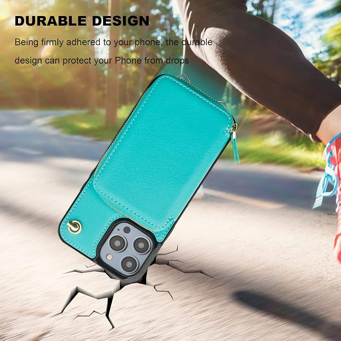 Bocasal Crossbody Wallet Case for iPhone 14 Pro Max, RFID Blocking Leather Purse Case with Card Holder, Protective Handbag Flip Cover with Zipper Wrist Strap Lanyard for Women 5G 6.7 Inch (Mint Green)