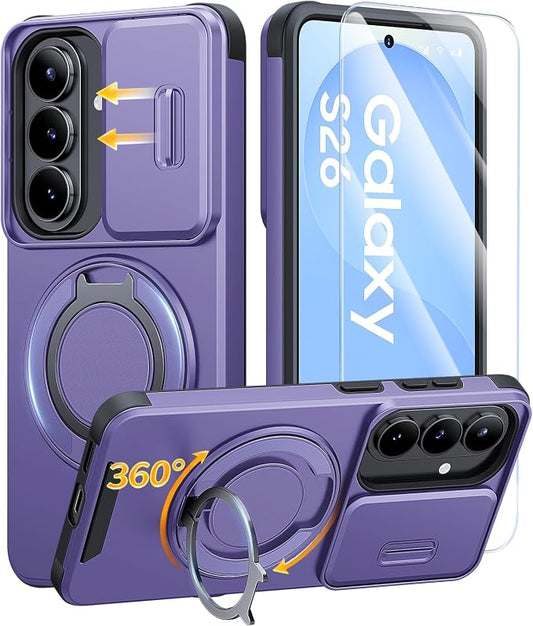 JAME for Samsung Galaxy S26 Case, Ring Holder Stand Kickstand, Slide Camera Cover with Screen Protector, Dual-Layer Shockproof Protective, Magnetic Accessory Friendly Galaxy S26 Phone Case, Purple