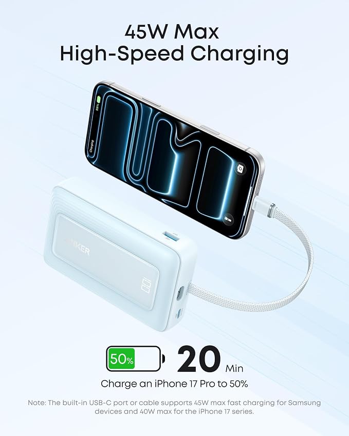 Anker Zolo Power Bank, 20,000mAh 45W Max Fast Portable Charger with Built-in USB-C Cable, USB C&A, 40W Battery Pack for iPhone 17 Series, MacBook, Samsung, and More (Charger Not Included)