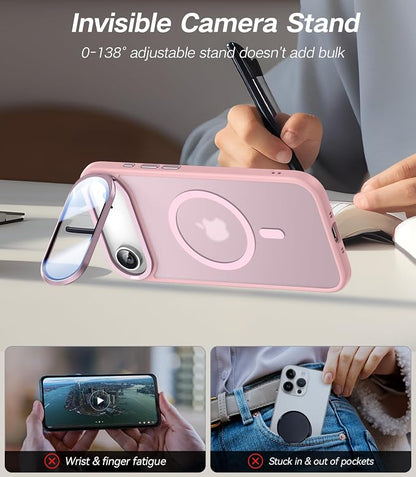 [Upgraded Full Camera Protection] for iPhone Air Case with Camera Cover Stand [Fit for MagSafe][10FT Mil-Grade Protection] Translucent Magnetic Phone Cover for iPhone 17 Air Case, Pink