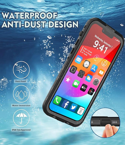 Design for iPhone 14 Waterproof Case, Full Body Shockproof Dust Proof Phone Case Cover with Screen Protector - Black
