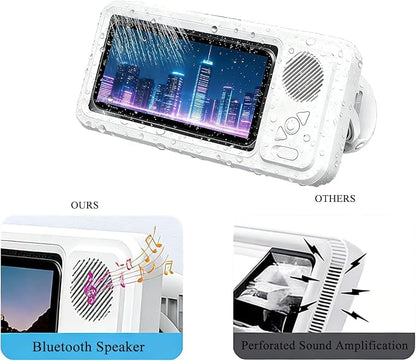 Shower Phone Holder with Wireless Bluetooth Speaker,Waterproof, Secure Attachment for Any Phone, Hands-Free Bathroom Entertainment, Play Music and Take Calls