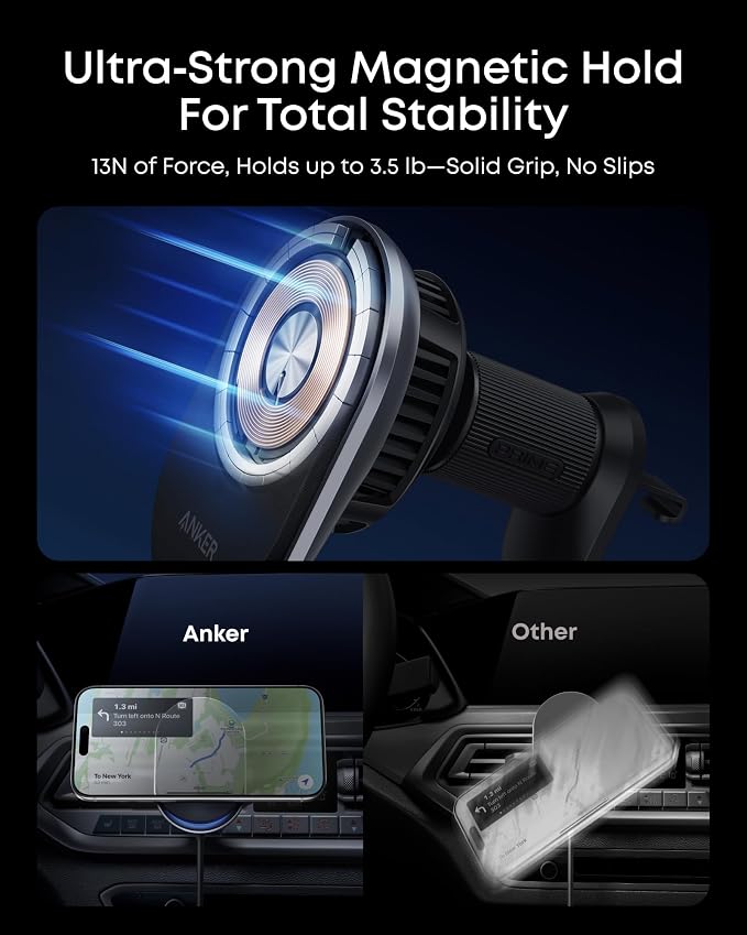 Anker Prime MagSafe Car Mount Charger, Qi2 25W Certified Wireless Car Charger with TEC Cooling, Strong Magnets, Air Vent Mount for iPhone 17-12 Series (Check Vent Compatibility, Includes 60W Adapter)