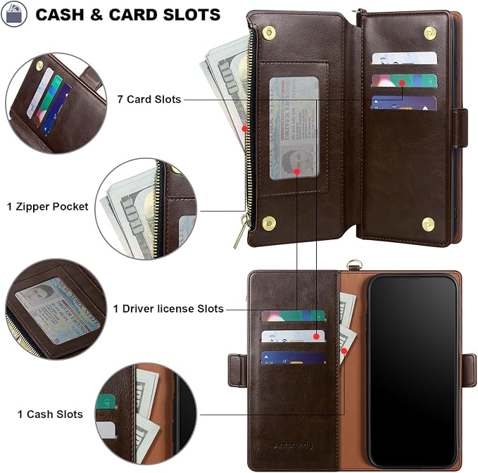 Antsturdy Compatible with iPhone 14 Wallet Case RFID Blocking,PU Leather Phone Case Women Men Flip Shockproof Cover with Wrist Strap Zipper Pocket Credit Card Holder Slots,for Apple 14 6.1" Coffee
