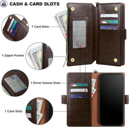 Antsturdy Compatible with iPhone 14 Wallet Case RFID Blocking,PU Leather Phone Case Women Men Flip Shockproof Cover with Wrist Strap Zipper Pocket Credit Card Holder Slots,for Apple 14 6.1" Coffee