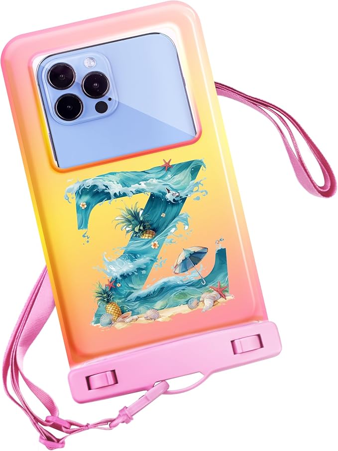 Personalized Initial Waterproof Phone Pouch Case - IPX8 Cellphone Dry Bag with Lanyard for iPhone 16/15/14/13/12 Pro Max (6.1–6.9"), Beach & Cruise Ship Essentials with Monogrammed Design (Pink, Z)