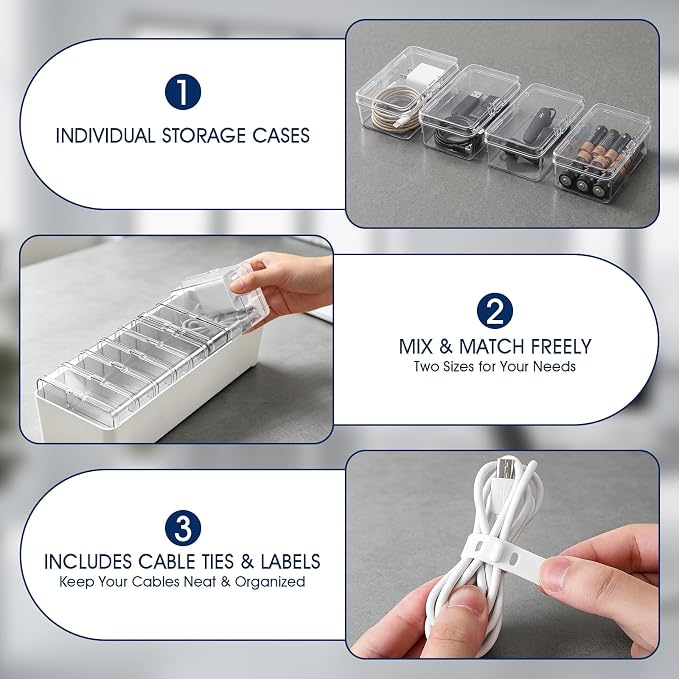 ARVOK 2 Sets Cable Organizer Box with 20 Adjustable Compartments，Cable | Storage Box with Lid,Solution for Cable Chaos Charging Cables, Organizer for Home Office Desk Organizers and Accessories