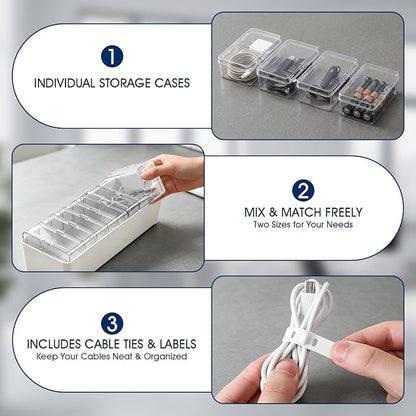 ARVOK 2 Sets Cable Organizer Box with 20 Adjustable Compartments，Cable | Storage Box with Lid,Solution for Cable Chaos Charging Cables, Organizer for Home Office Desk Organizers and Accessories
