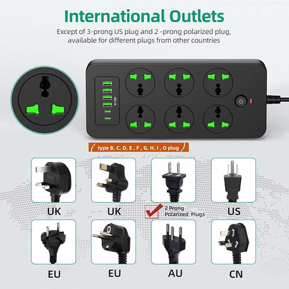 Power Strip with 6 Universal Outlets 4 USB 2 USB C Ports, 3.1A, Overload Protection, 3000w, 110-240v, International Power Adapter for Home Office Travel Essentials, EU Plug, Black