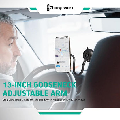 CHARGEWORX Magnetic Phone Stand Mount for Car Windshield – 14-Inch Flexible Gooseneck Holder with Strong Suction Cup & 360° Rotation, Magsafe iPhone & Android Compatible Car Holder Accessory