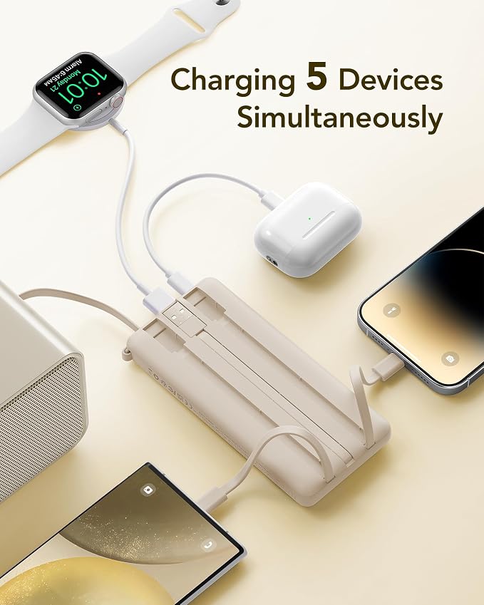 VRURC Portable Charger Power Bank,10000mAh Travel Essentials Battery Pack, 5 Outputs 2 Inputs Slim USB C Charging Bank Built-in Cables Cords for iPhone 17 16 15 13,Samsung,Android-Light Coffee(1 Pack)