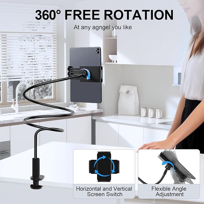 Gooseneck Phone Holder-Cell Phone iPad Stand with 39inch Flexible Long Lazy Arm, 360° Adjustable, Clamp Mount Stand for Desk, Bed, Office, Kitchen-for iPhone, All 4‘’-11" Smartphone and Tablets