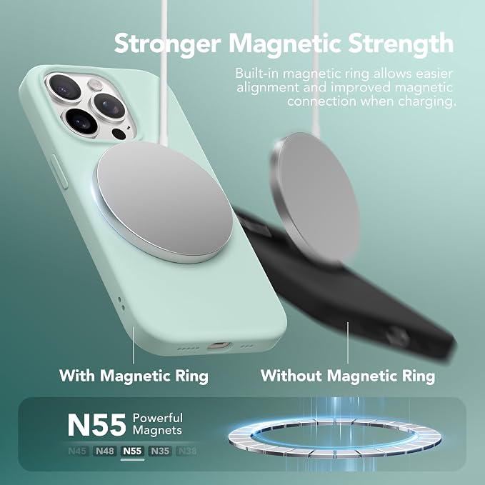 GONEZ for iPhone 14 Pro Case, Compatible with Magsafe, with Screen Protector + Camera Lens Protector, Soft Anti-Scratch Microfiber Lining, Shockproof Liquid Silicone Phone Cover, Mint Green