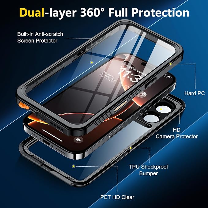 SPIDERCASE for iPhone 16 Pro Max Case Waterproof, [12FT Military Drop Proof] [IP68 Waterproof] [Full Body Protection] Heavy Duty Protective Cover for iPhone 16 Pro Max 6.9”, Black