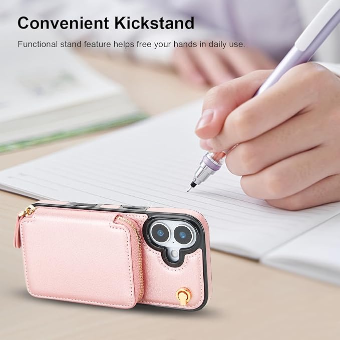 Bocasal Crossbody Wallet Case for iPhone 17, RFID Blocking Leather Purse Case with Card Holder, Protective Handbag Flip Cover with Zipper Wrist Strap Lanyard for Women 5G 6.3 Inch (Rose Gold)