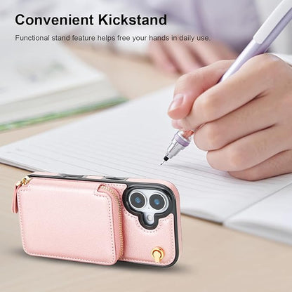 Bocasal Crossbody Wallet Case for iPhone 17, RFID Blocking Leather Purse Case with Card Holder, Protective Handbag Flip Cover with Zipper Wrist Strap Lanyard for Women 5G 6.3 Inch (Rose Gold)