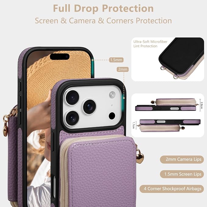 Keallce Case for iPhone 17 Pro 6.3'' Case Wallet, Crossbody Zipper Purse with RFID Blocking Card Slots Kickstand, Lanyard & Handstrap Flip Folio Leather Phone Cover for iPhone 17 Pro, Purple