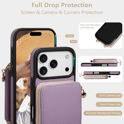 Keallce Case for iPhone 17 Pro 6.3'' Case Wallet, Crossbody Zipper Purse with RFID Blocking Card Slots Kickstand, Lanyard & Handstrap Flip Folio Leather Phone Cover for iPhone 17 Pro, Purple