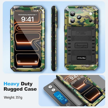 Beasyjoy for iPhone 17 Pro Max Case Waterproof, Heavy Duty Metal Case with Built-in Screen Protector, Full Body Rugged Military Grade Shockproof Dustproof Cover for Construction Outdoor 6.9", Camo