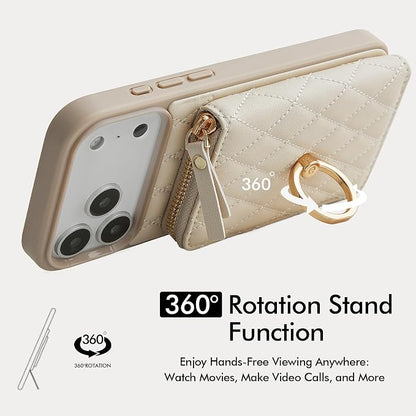 ZVE for iPhone 17 Pro Case Wallet with Strap, Crossbody Protective Lanyard Flip Cover with Ring Holder 6.3 Inch-Beige