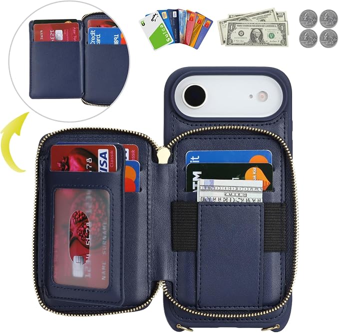 Crossbody Wallet Case for iPhone Air, PU Leather Zipper Handbag Purse Flip Cover, Kickstand Folio Case with Card Slots Holder Wrist Strap Lanyard 5G 6.5 Inch-Blue