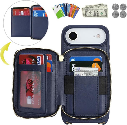 Crossbody Wallet Case for iPhone Air, PU Leather Zipper Handbag Purse Flip Cover, Kickstand Folio Case with Card Slots Holder Wrist Strap Lanyard 5G 6.5 Inch-Blue