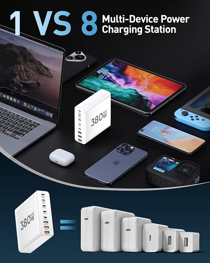 380W USB C Charger Block with 4 USB Cables Dual 100W Charging Station | 8-Port USB C Charging Station Laptop Charger Fast Type C Charging Block for MacBook Pro, Dell XPS, iPhone, iPad, Tablet