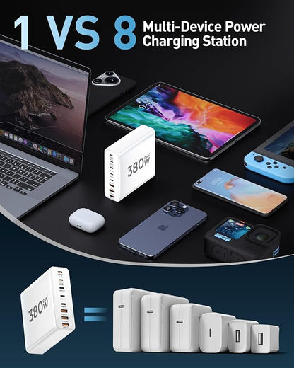 380W USB C Charger Block with 4 USB Cables Dual 100W Charging Station | 8-Port USB C Charging Station Laptop Charger Fast Type C Charging Block for MacBook Pro, Dell XPS, iPhone, iPad, Tablet