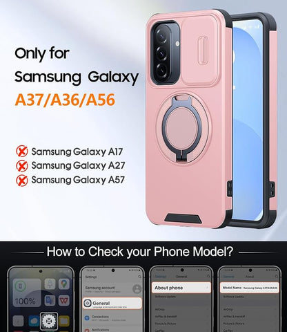 JAME for Samsung Galaxy A37/A36/A56 5G Case, Ring Holder Stand Kickstand, Slide Camera Cover, 2 Screen Protectors, Dual-Layer Shockproof Protective, Magnetic Accessory Friendly Phone Case, Pink