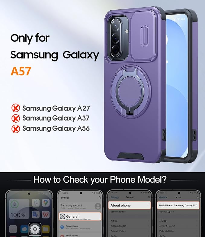 JAME for Samsung Galaxy A57 5G Case, Ring Holder Stand Kickstand, Slide Camera Cover, 2 Screen Protectors, Dual-Layer Shockproof Protective, Magnetic Accessory Friendly Galaxy A57 Phone Case, Purple
