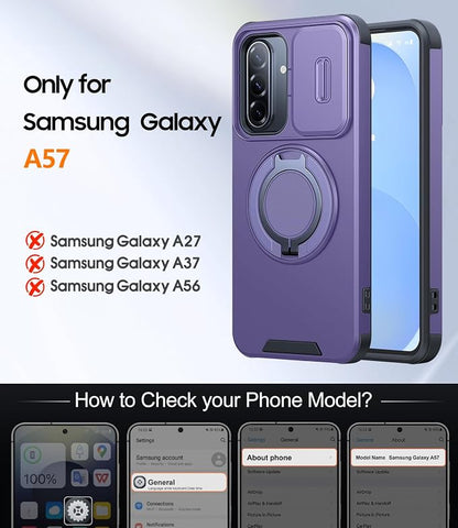 JAME for Samsung Galaxy A57 5G Case, Ring Holder Stand Kickstand, Slide Camera Cover, 2 Screen Protectors, Dual-Layer Shockproof Protective, Magnetic Accessory Friendly Galaxy A57 Phone Case, Purple