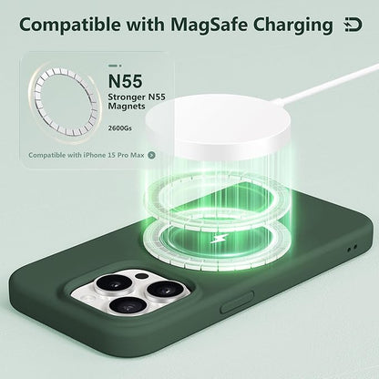GONEZ for iPhone 15 Pro Max Case Silicone, Compatible with Magsafe, Camera Protector + Screen Protector, Soft Anti-Scratch Microfiber Lining, Liquid Silicone Shockproof Phone Cover, Dark Green