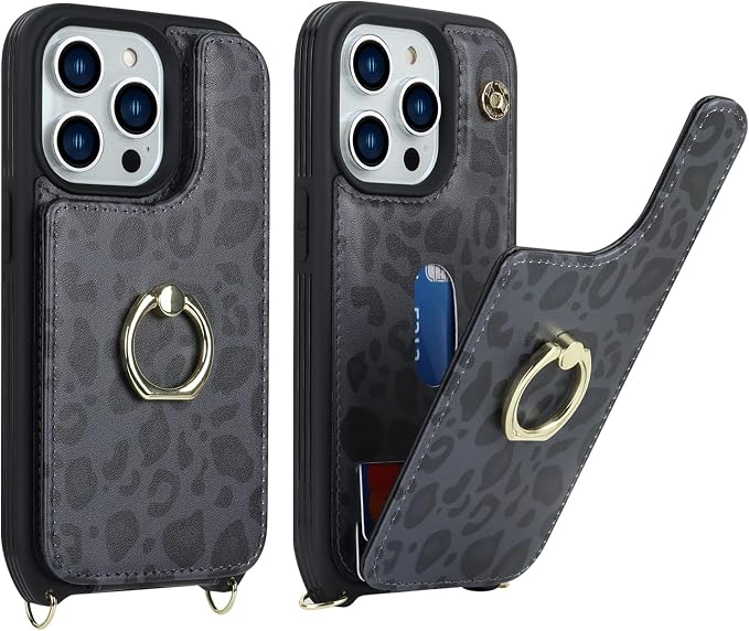 Lipvina for iPhone 14 Pro Case with Card Holder for Women,Phone Case with Strap,Crossbody Lanyard,RFID Blocking,Ring Stand,Snap Clasp,Cute Wallet Case 6.1 inch(Black Leopard)