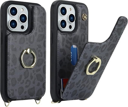 Lipvina for iPhone 14 Pro Case with Card Holder for Women,Phone Case with Strap,Crossbody Lanyard,RFID Blocking,Ring Stand,Snap Clasp,Cute Wallet Case 6.1 inch(Black Leopard)