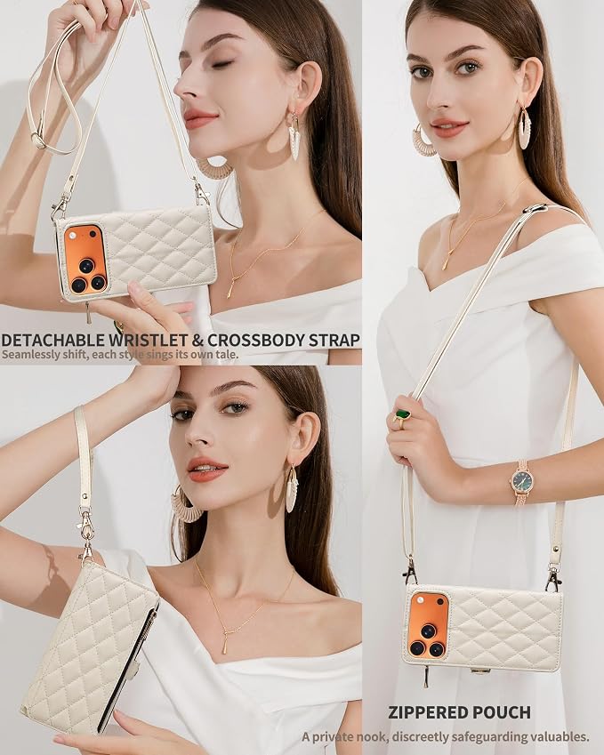 Rssviss Crossbody Wallet Case for iPhone 17 Pro Max 6.9", with Make Up Mirror, Wrist Strap, Zipper Purse Magnetic Flip, RFID Blocking Card Holder Kickstand, PU Leather Shockproof Women, Beige