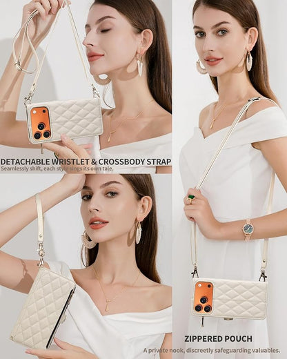 Rssviss Crossbody Wallet Case for iPhone 17 Pro Max 6.9", with Make Up Mirror, Wrist Strap, Zipper Purse Magnetic Flip, RFID Blocking Card Holder Kickstand, PU Leather Shockproof Women, Beige