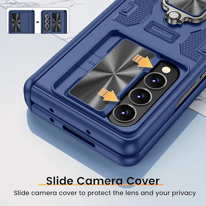 VEGO for Galaxy Z Fold 4 Case, with Slide Camera Cover & Hinge Protection | Built-in Screen Protectot & 360°Magnetic Rotating Ring Kickstand Protective Case for Samsung Galaxy Z Fold 4 5G-Blue